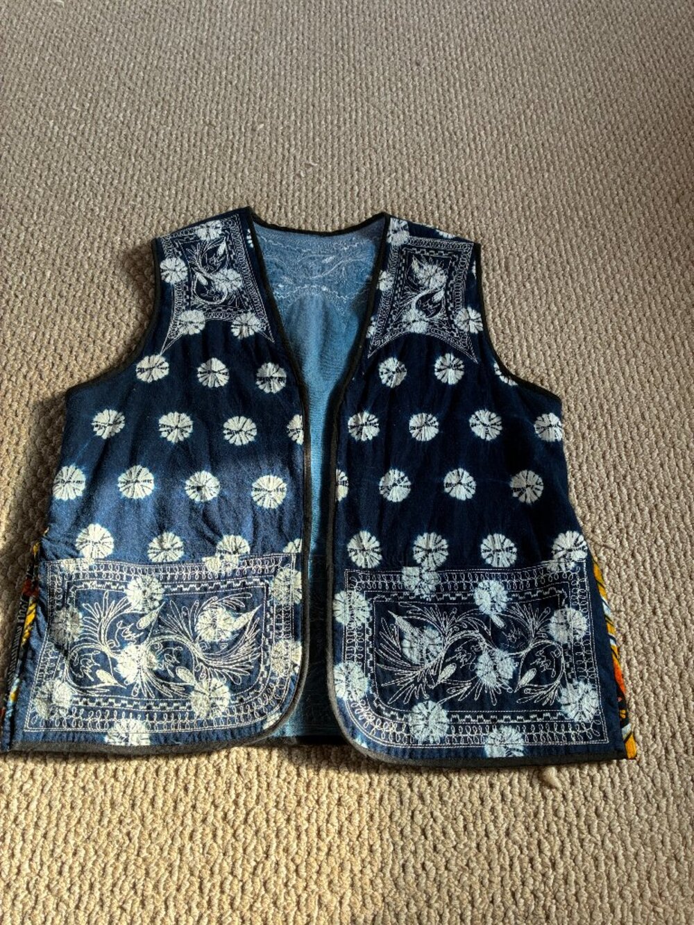 Embroidered Indigo-dyed Batik Vest Reversible Medium Shibori Style Handmade